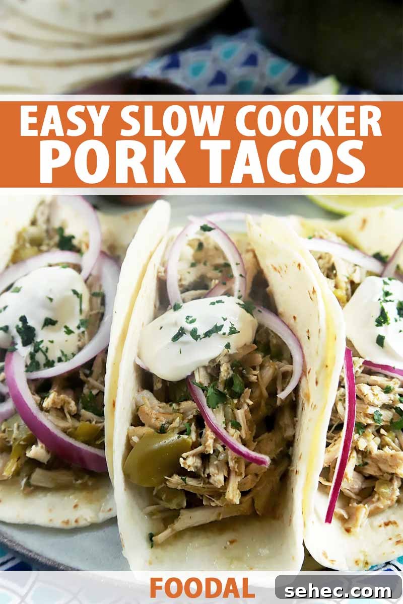 Slow Cooker Pork Tacos for Taco Tuesday 2 Vertical image of a row of meat, sour cream, and onions inside three tortillas on a plate, with text on the top and bottom of the image.