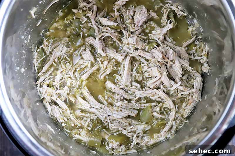 Slow Cooker Pork Tacos for Taco Tuesday 11 Horizontal image of shredded cooked meat in a seasoned liquid in a bowl.