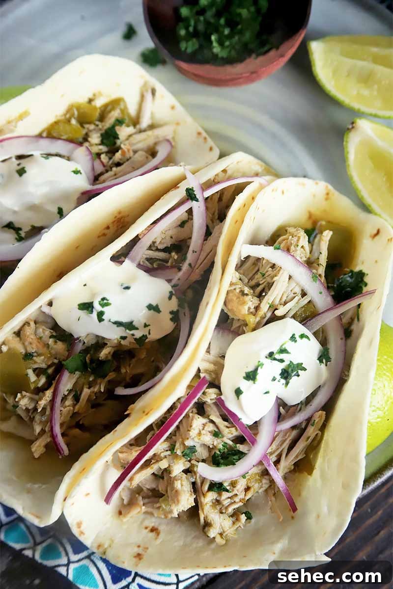 Slow Cooker Pork Tacos for Taco Tuesday 5 Vertical close-up image of three flour tortillas filled with shredded meat, thinly sliced red onions, and sour cream on a plate.