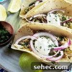 Horizontal image of two flour tortillas filled with shredded meat and various toppings on plate next to a bowl of herbs and lime wedges.
