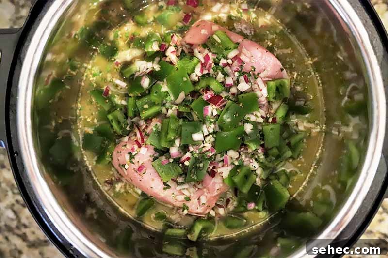 Slow Cooker Pork Tacos for Taco Tuesday 8 Horizontal image of a raw slab of meat in a bowl covered in various aromatics and chopped vegetables.