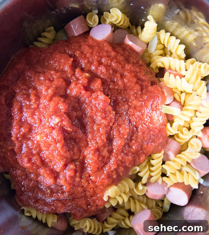 Creamy Hot Dog Pasta Recipe with Tomato Sauce 6 marinara sauce over pasta and other ingredients for hot dog pasta