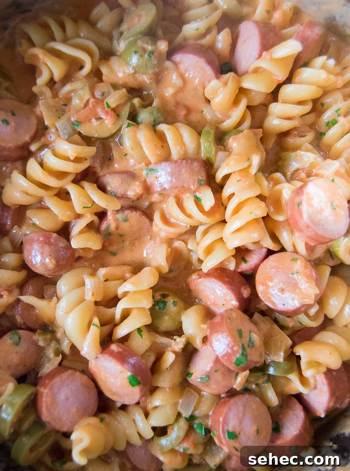 Creamy Hot Dog Pasta Recipe with Tomato Sauce 8 close up of hot dog pasta in the instant pot after cooking