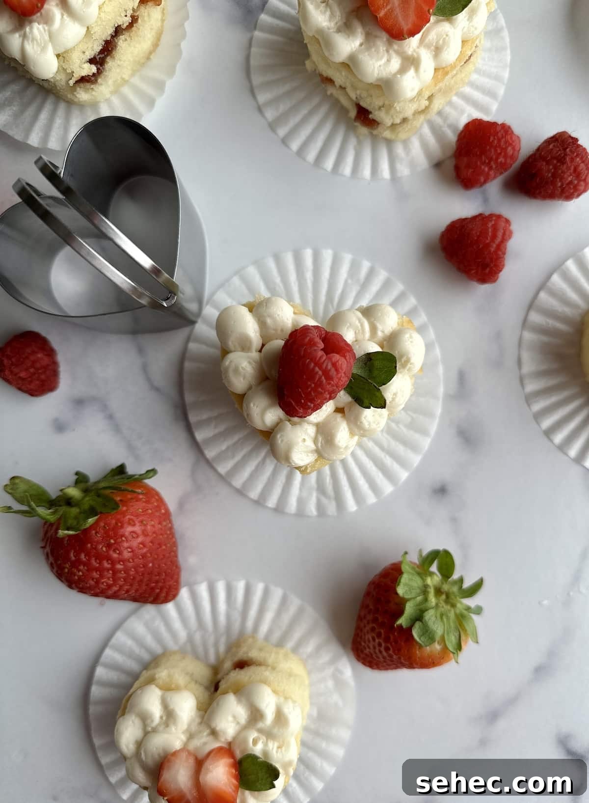 Mini Heart Cakes Made Two Ways 2 Mini Heart Cakes cut out from a sheet pan.