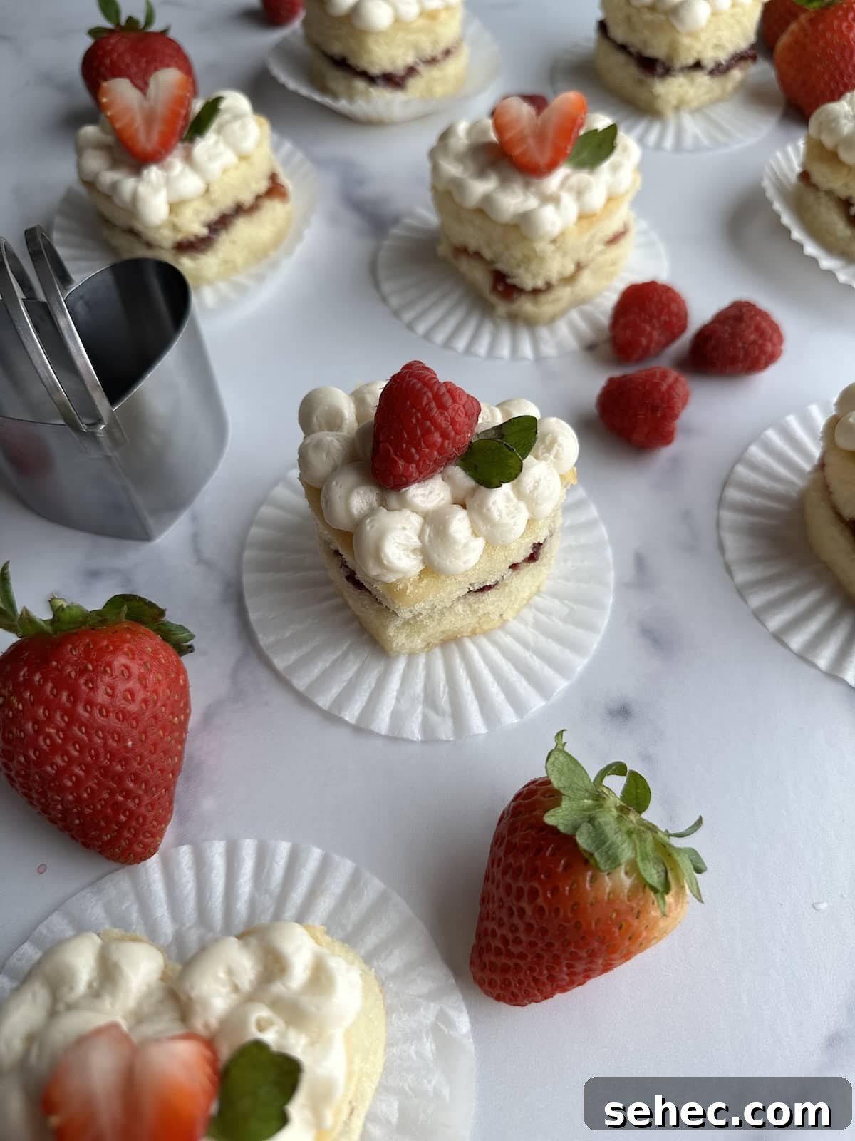 Mini Heart Cakes Made Two Ways 3 Mini heart cakes with raspberry and strawberry cake filling.