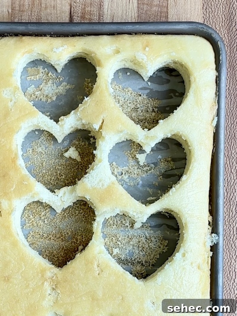 Mini Heart Cakes Made Two Ways 4 Sheet cake ready to be cut into mini hearts.