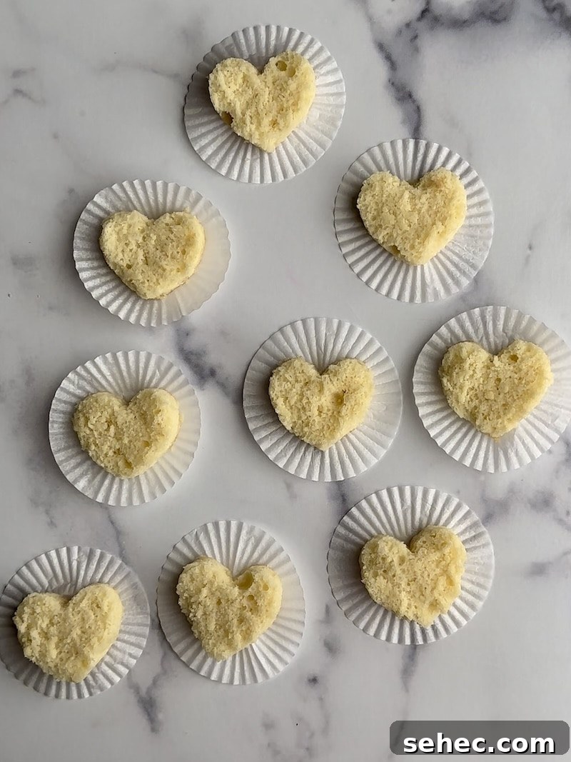 Mini Heart Cakes Made Two Ways 5 Mini heart cake layers being prepared.