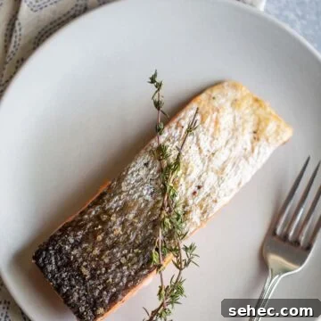 Crispy Skin Air Fryer Salmon Recipe 12 Air fried salmon on plate with the skin up.