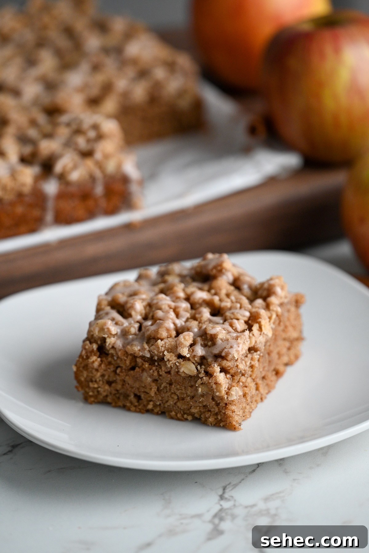 Moist Applesauce Crumb Cake with Cinnamon Streusel 2 sliced applesauce crumb cake on a white plate with apples in the background.