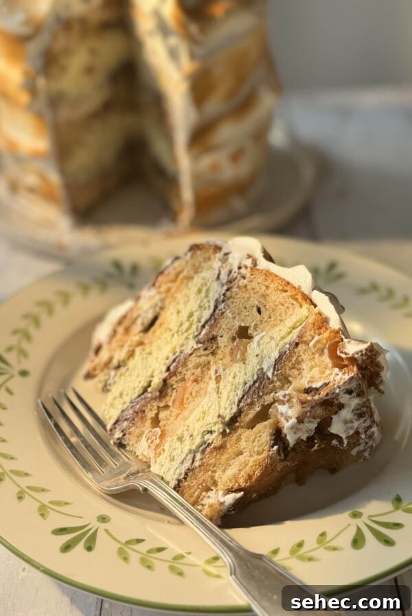 Nutella Salted Caramel Brioche Bread Pudding 12 no bake tiramisu slice of cake on plate.