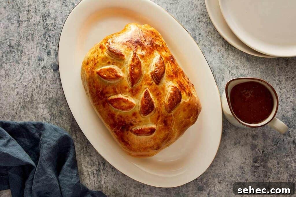 Truffle Beef Wellington Recipe with Red Wine Sauce 16 puff pastry cooked on a white plate