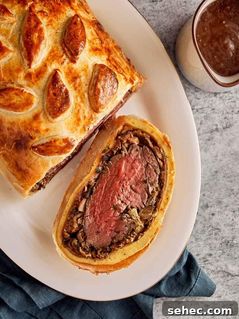 Truffle Beef Wellington Recipe with Red Wine Sauce 19 a cut piece of beef Wellington on a plate with the pink meat showing