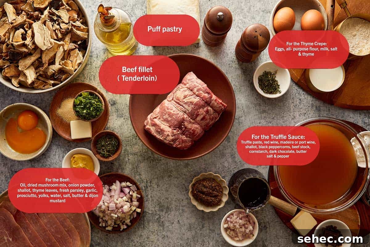 Truffle Beef Wellington Recipe with Red Wine Sauce 3 A list of ingredients to make beef wellington including mushrooms, beef, spices and puff pastry.
