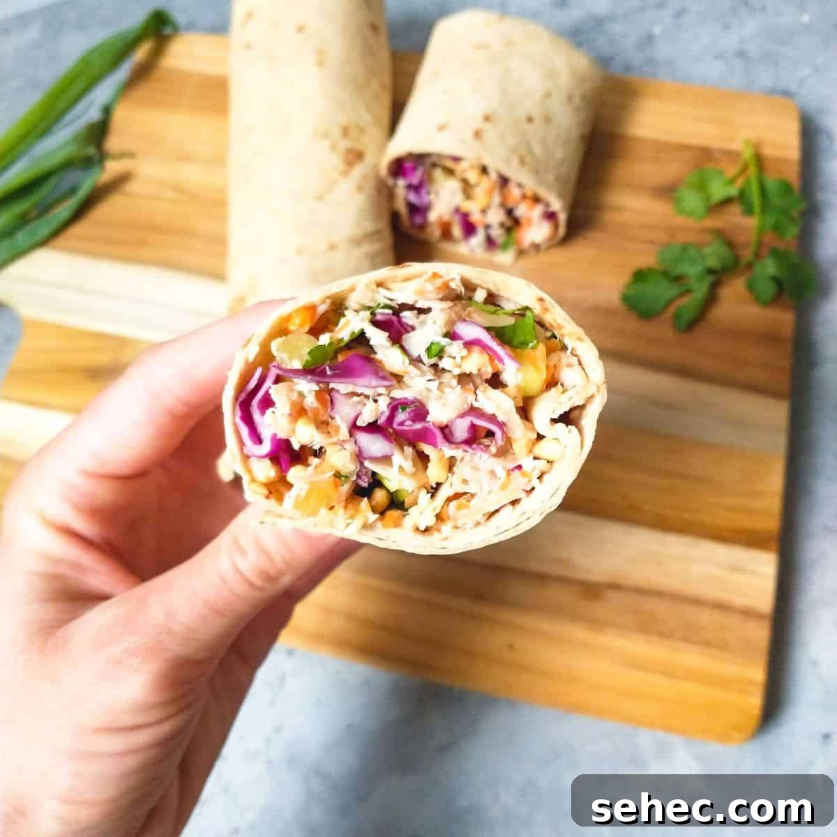 Asian Chopped Chicken Salad Wrap with Sesame-Ginger Dressing 4 Prepared Asian salad wrap.
