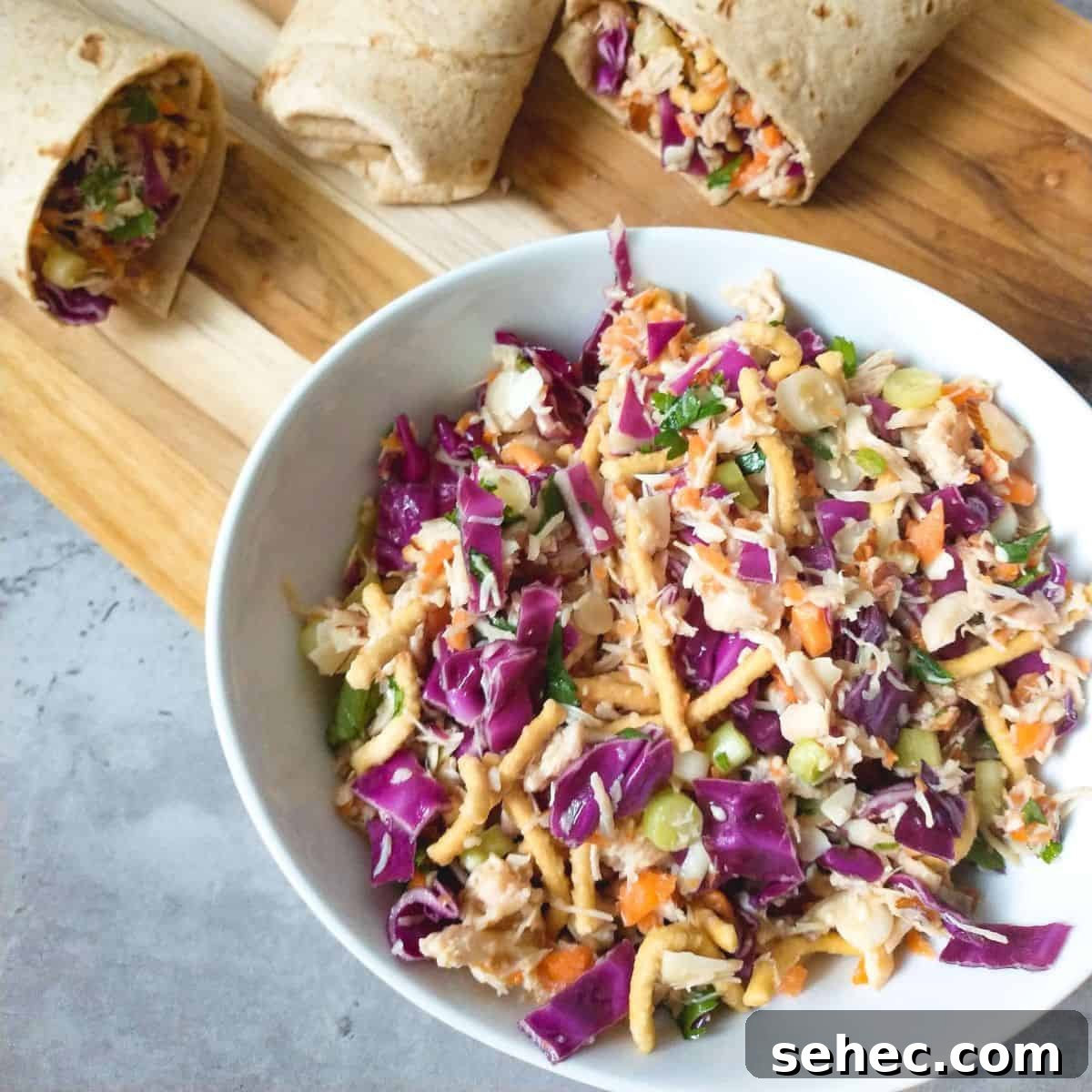 Asian Chopped Chicken Salad Wrap with Sesame-Ginger Dressing 5 Mixed Asian chopped salad.