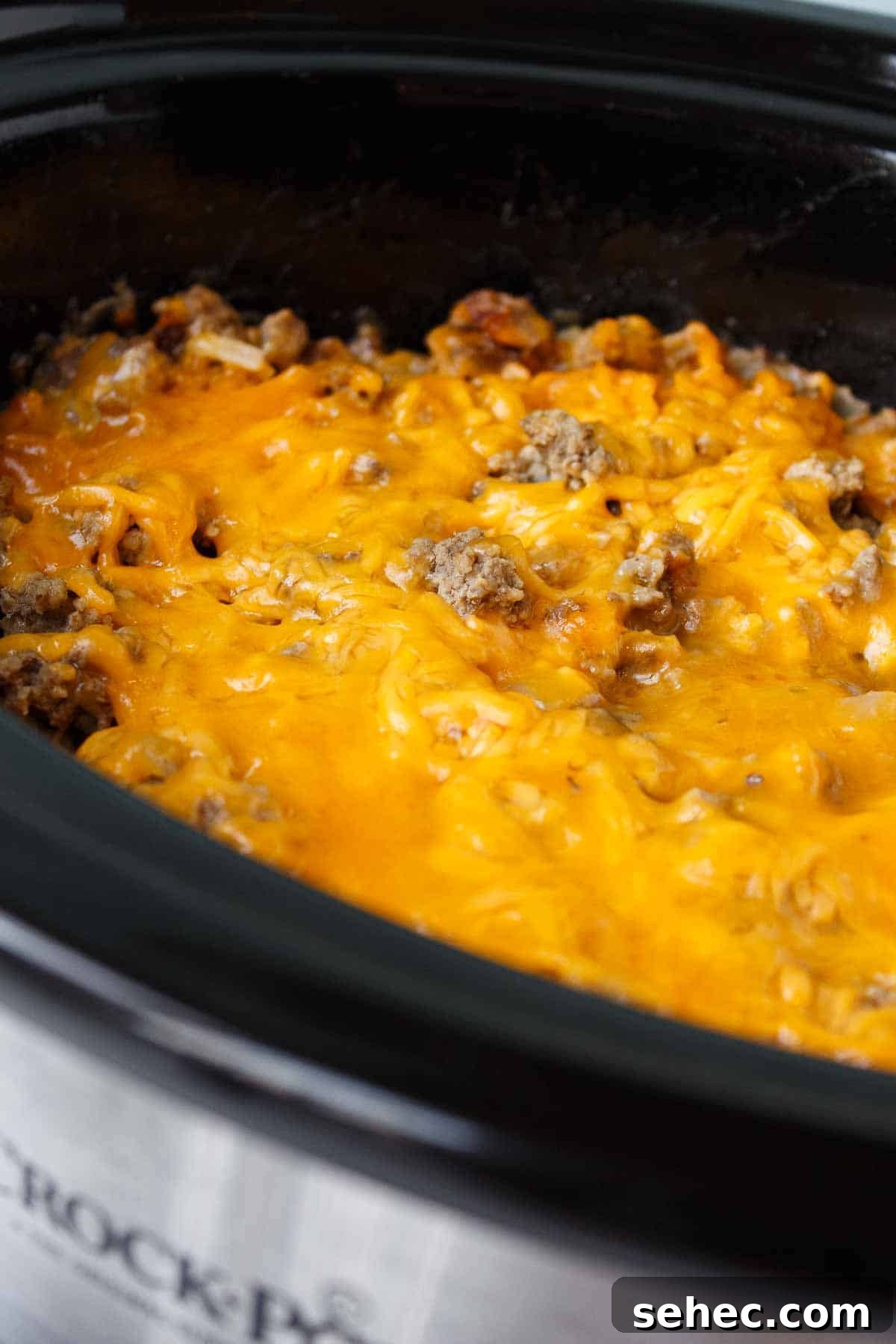 Slow Cooker Hamburger Hashbrown Casserole 5 Crockpot Hamburger Hashbrown Casserole in the slow cooker after cooking