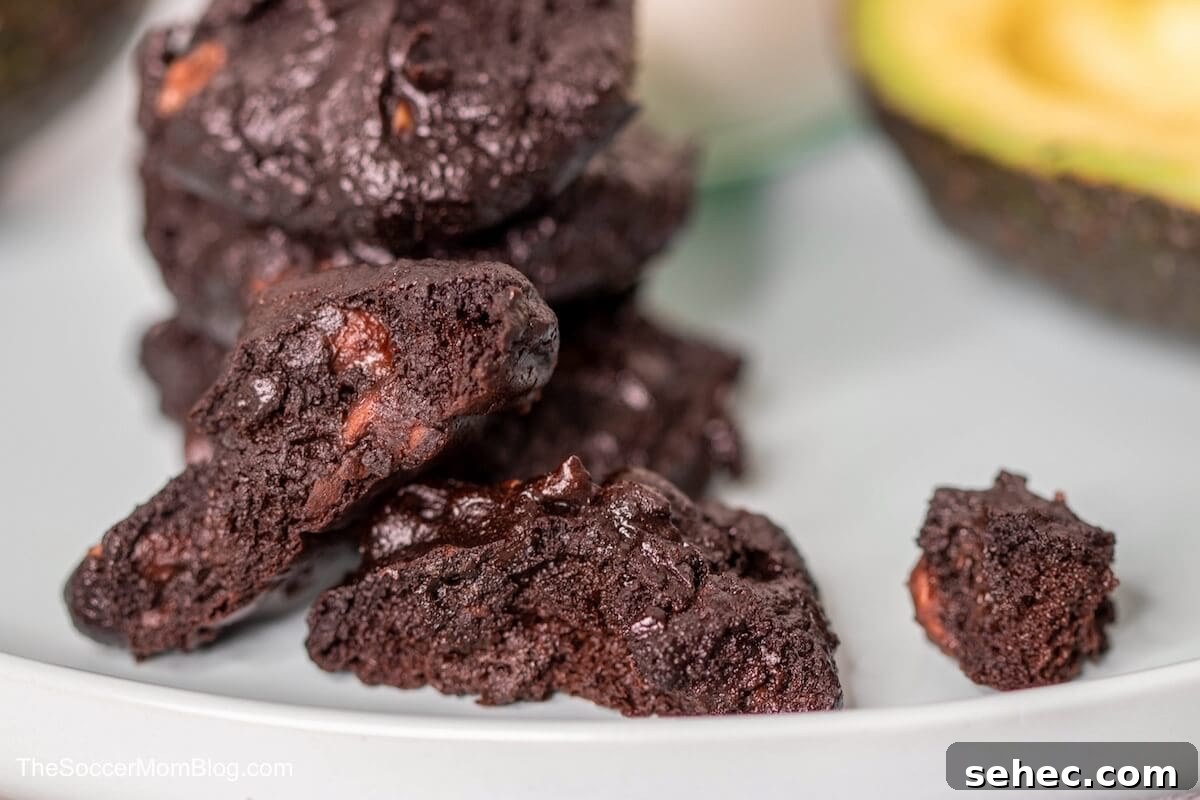 Fudgy Chocolate Avocado Cookies 3 avocado cookies on plate with avocado in background, close up.