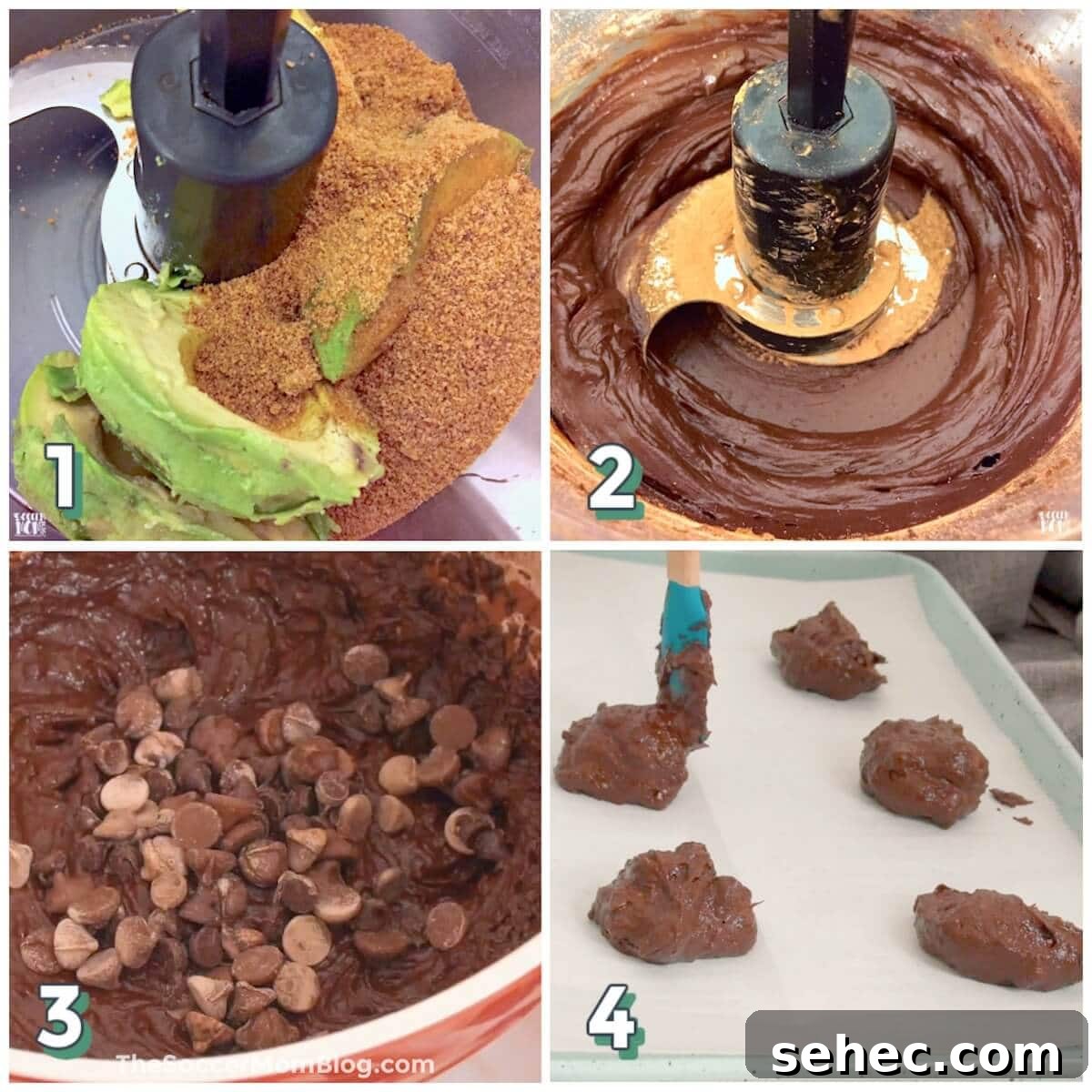 Fudgy Chocolate Avocado Cookies 5 4 step photo collage showing how to make chocolate avocado cookies.
