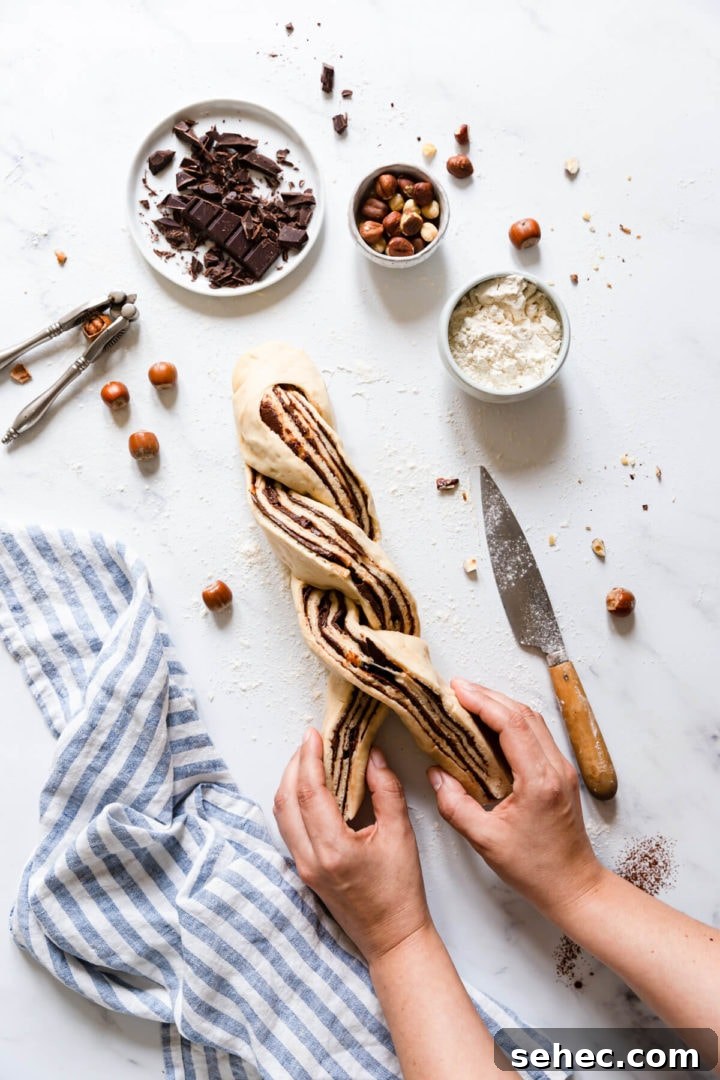 Nutella Babka Recipe: Chocolate-Hazelnut Swirl Loaf 11 top view of a person twisting strands of babka dough