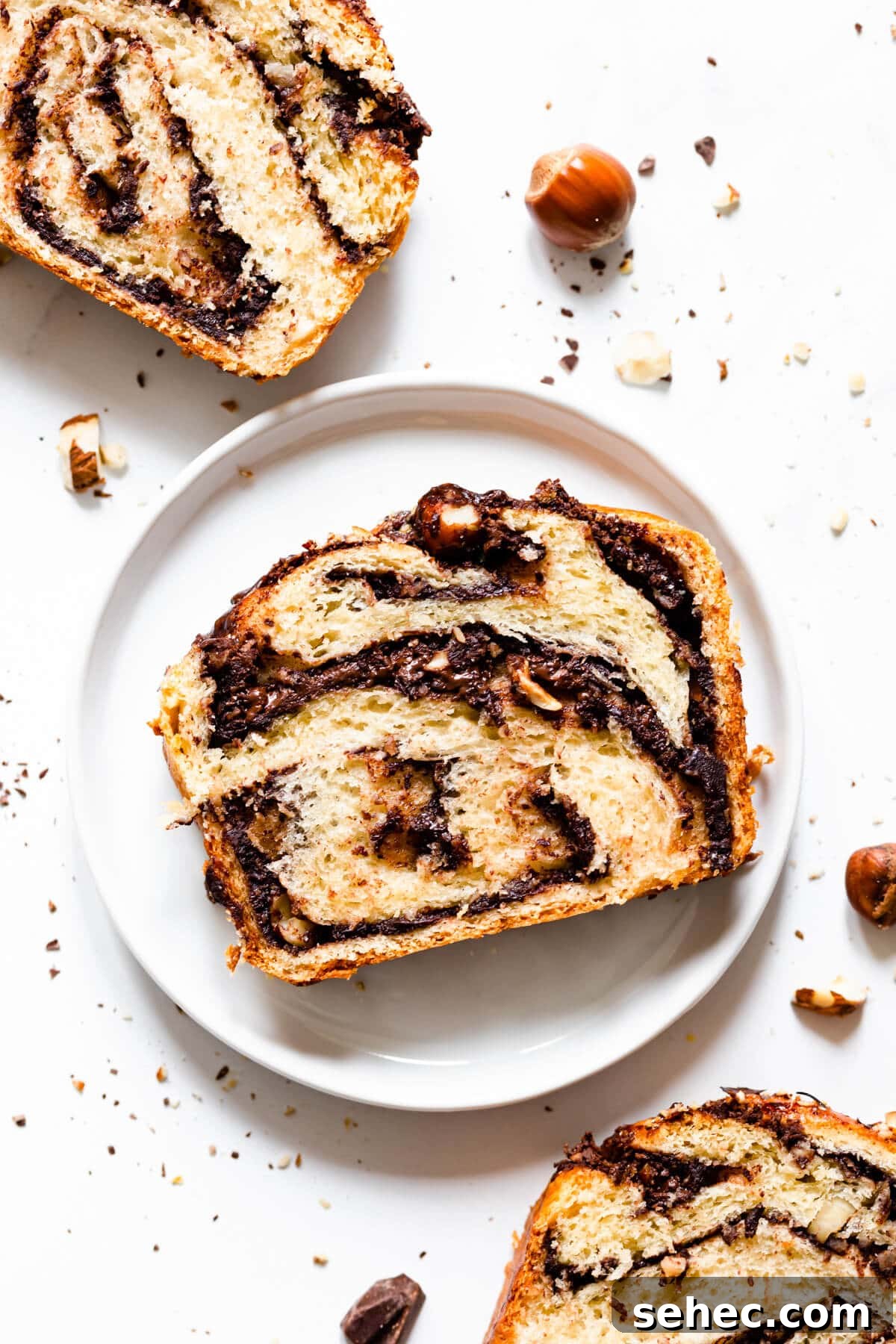 Nutella Babka Recipe: Chocolate-Hazelnut Swirl Loaf 14 top view close up of slice of nutella babka with hazelnuts