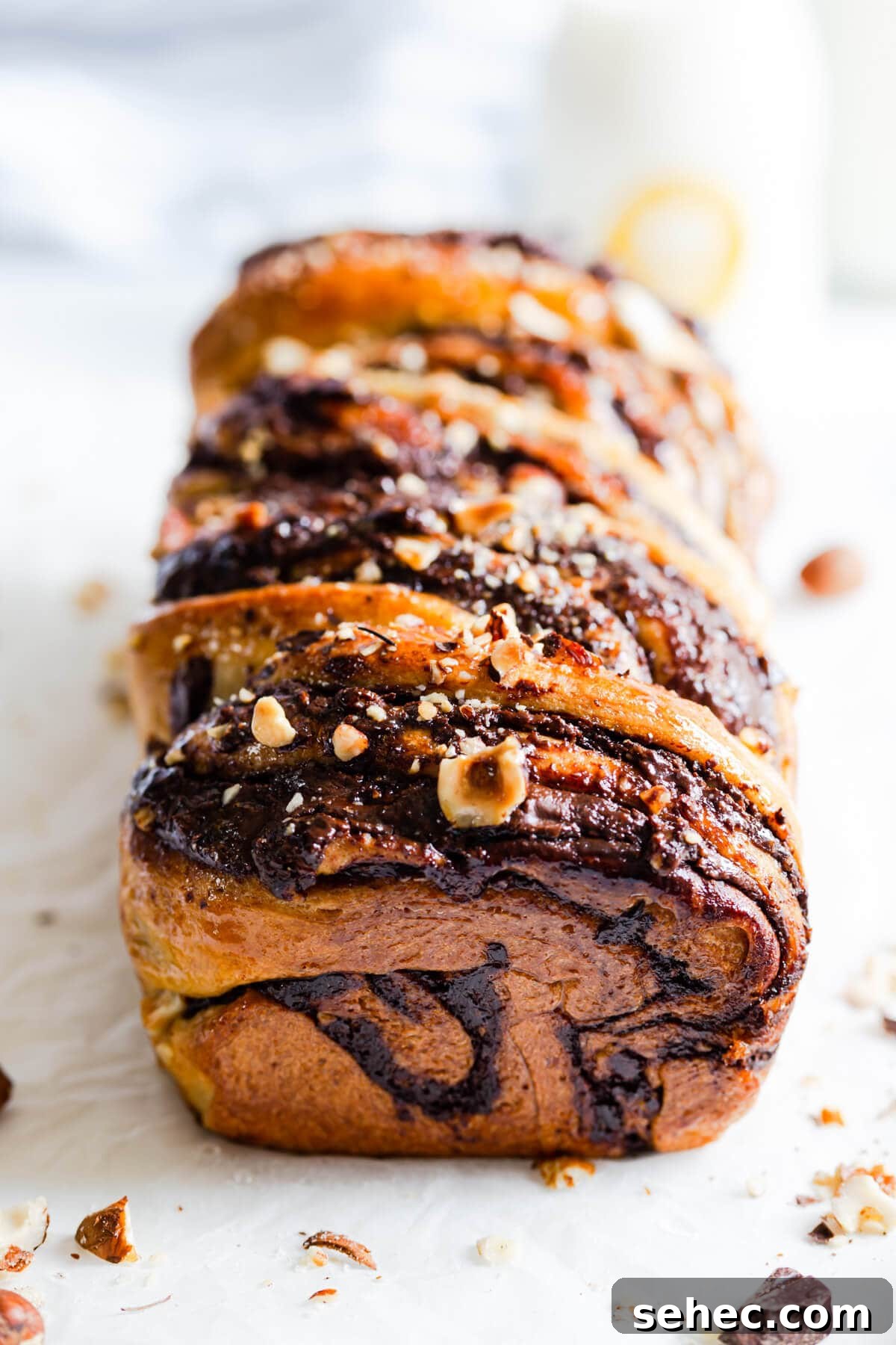 Nutella Babka Recipe: Chocolate-Hazelnut Swirl Loaf 15 45 degree angle view of baked chocolate hazelnut babka