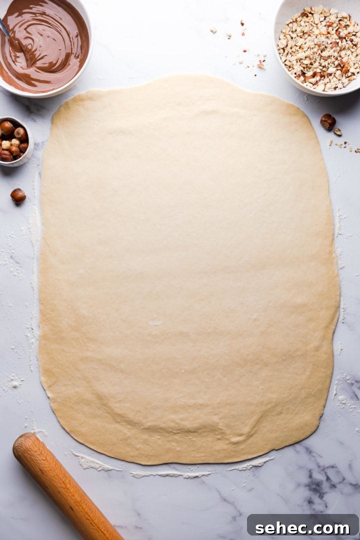 Nutella Babka Recipe: Chocolate-Hazelnut Swirl Loaf 5 top view of a babka dough rolled into rectangle