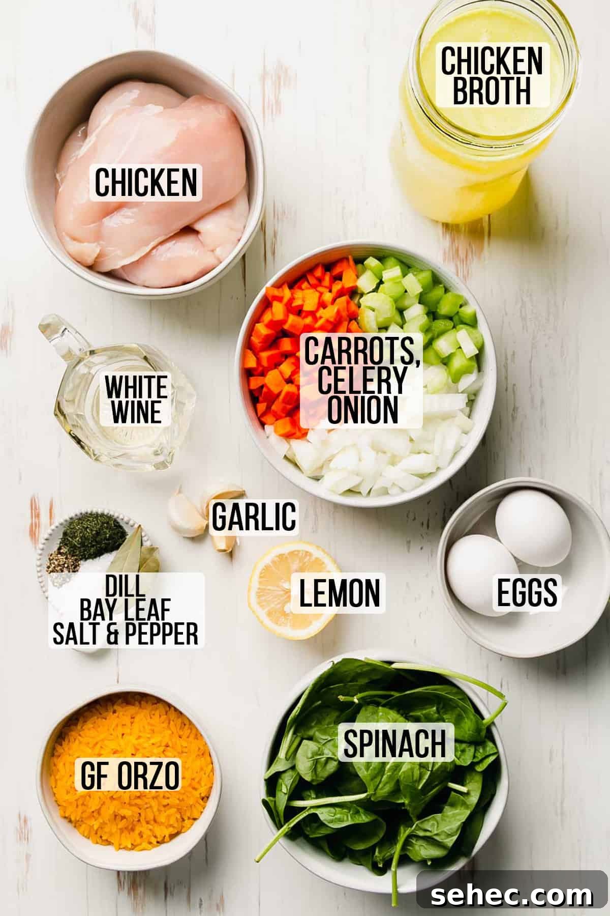 Gluten-Free Lemon Chicken Orzo Soup Recipe 3 Ingredients needed for gluten-free lemon chicken orzo soup measured out in bowls.