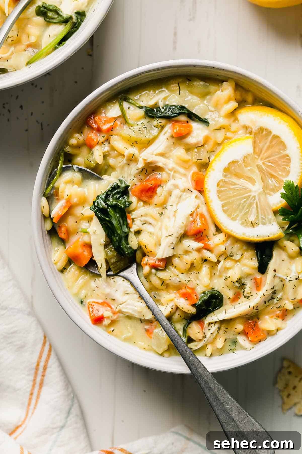 Gluten-Free Lemon Chicken Orzo Soup Recipe 8 Lemon chicken orzo soup in a bowl with wilted spinach, garnished with lemon slices and fresh parsley.