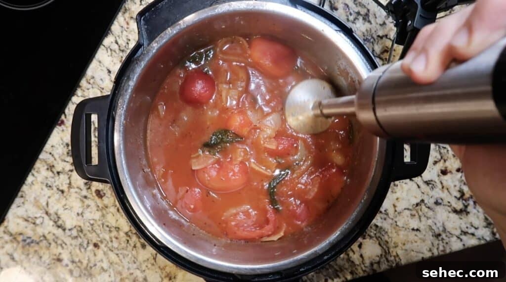 Placing immersion blender in pot