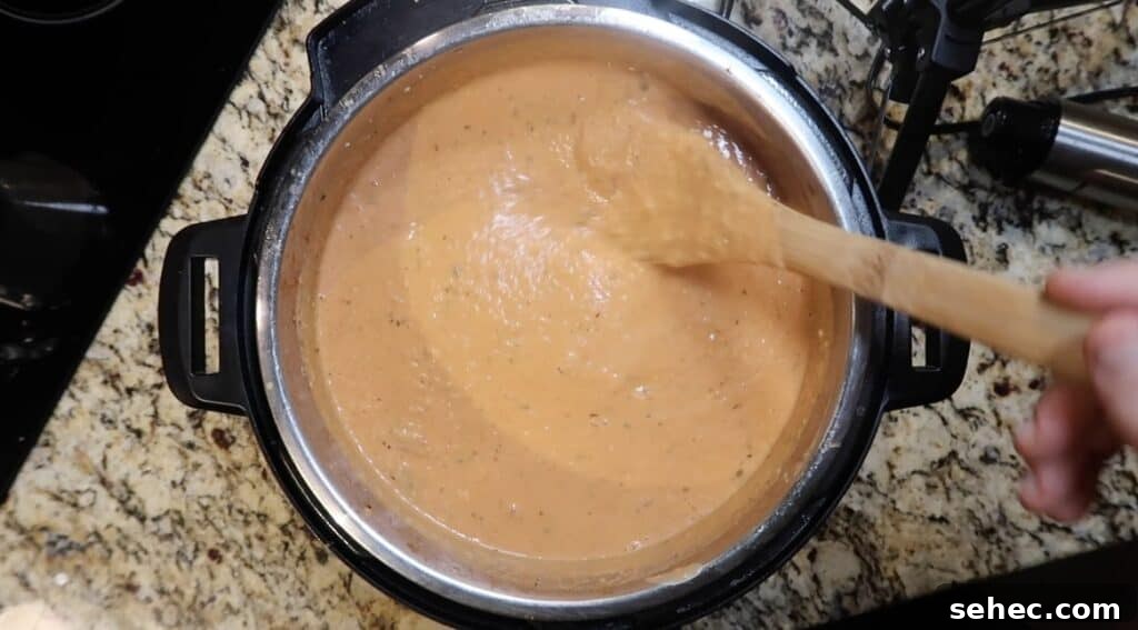 Final stir of soup in pot