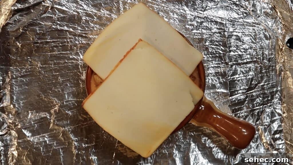 Resting muenster cheese on top of croutons