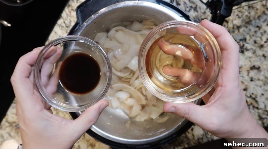 Adding Worcestershire sauce and sherry to pot.