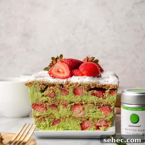 Side view of matcha cake layers.