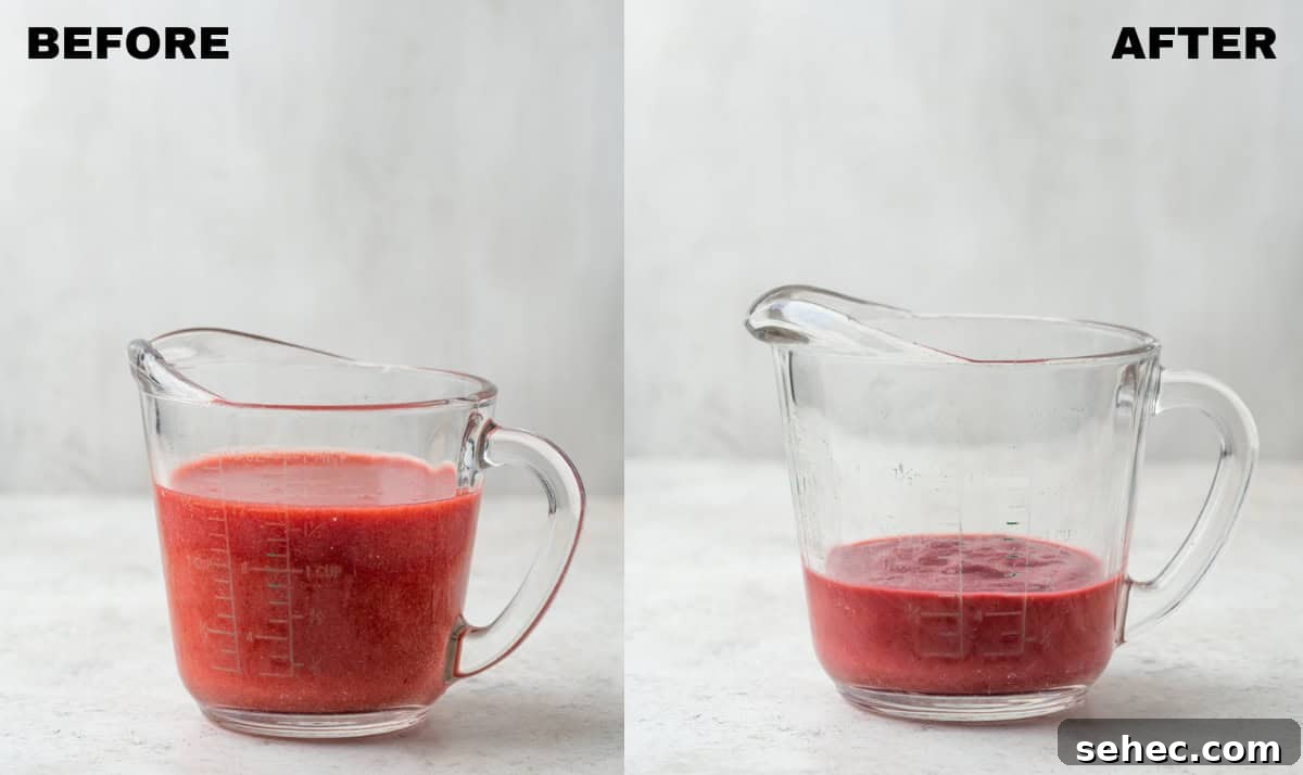 No Bake Strawberry Cheesecake Cups 4 Two measuring cups side by side showing strawberry puree before and after cooking.