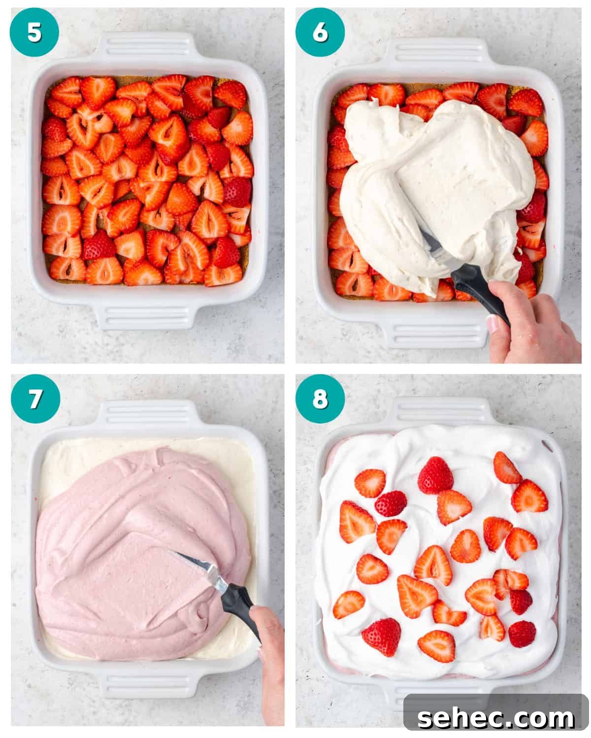 No Bake Strawberry Cheesecake Cups 8 Step by step photos showing the layering of the strawberry delight: graham cracker crust, fresh strawberry slices, cheesecake filling, strawberry cheesecake filling, whipped cream, more fresh strawberries on top.