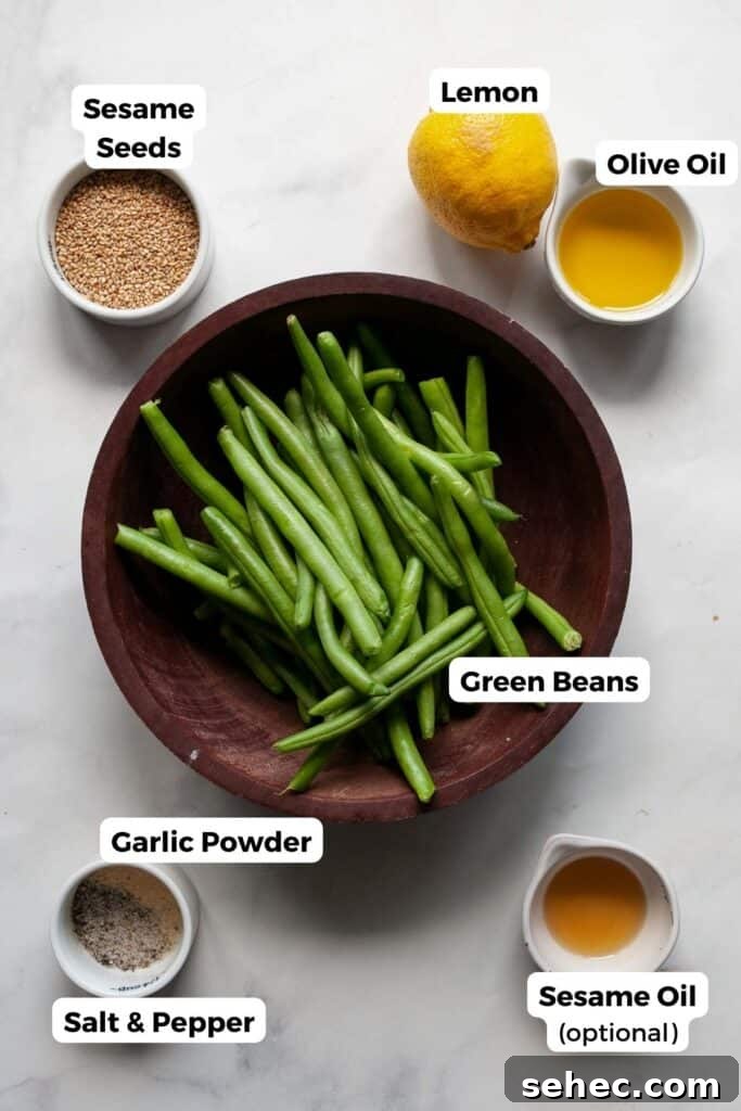 Crispy Air Fryer Green Beans: 4 Flavorful Recipes 4 all ingredients in recipe in small bowls with labels