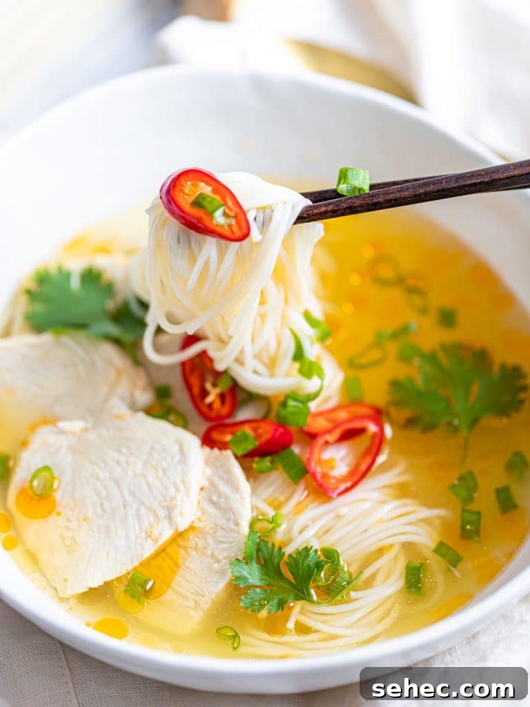 Asian chicken noodle soup with red peppers and herbs in a white bowl with chopsticks
