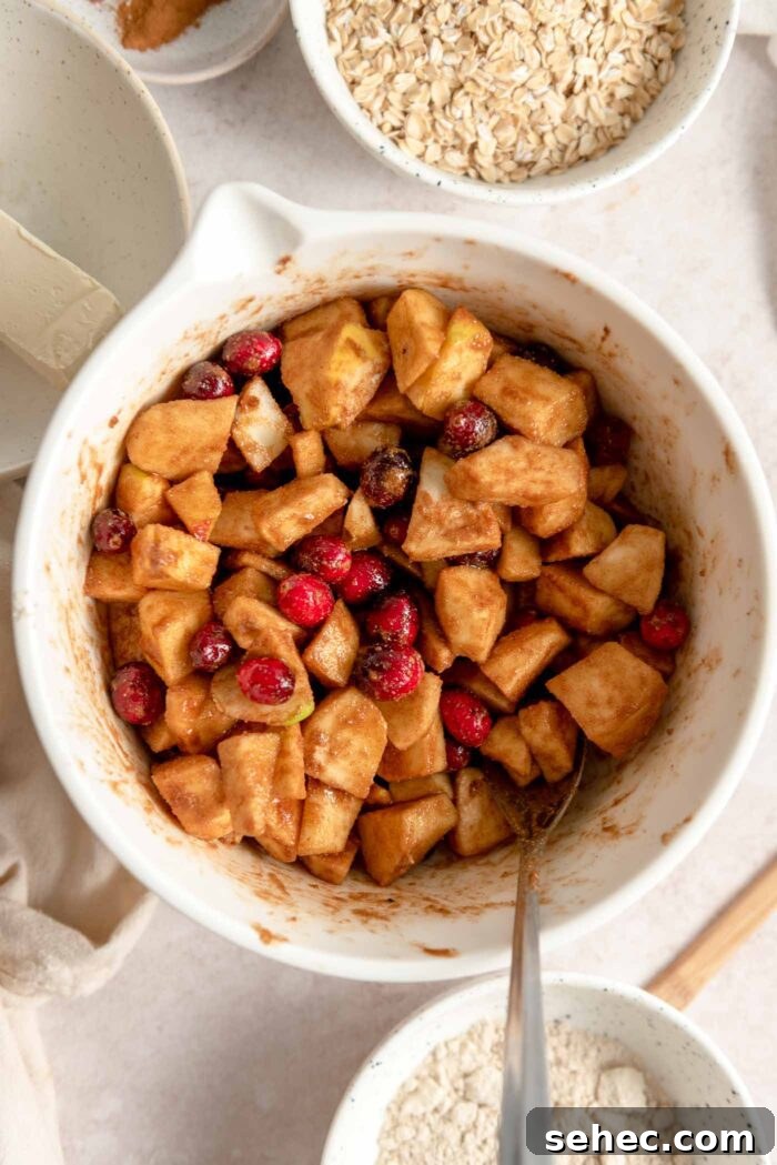 Chopped apples and fresh cranberries coated in a brown sugar mixture in a mixing bowl.
