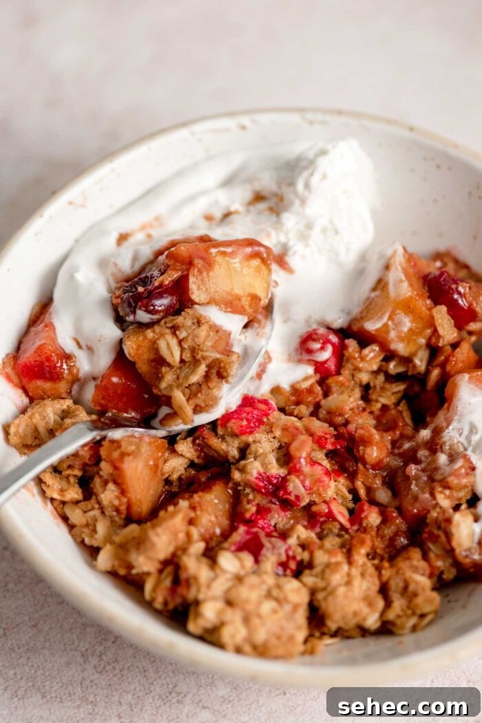 A bowl of cranberry apple crumble topped with whipped cream with a spoon resting in the bowl.