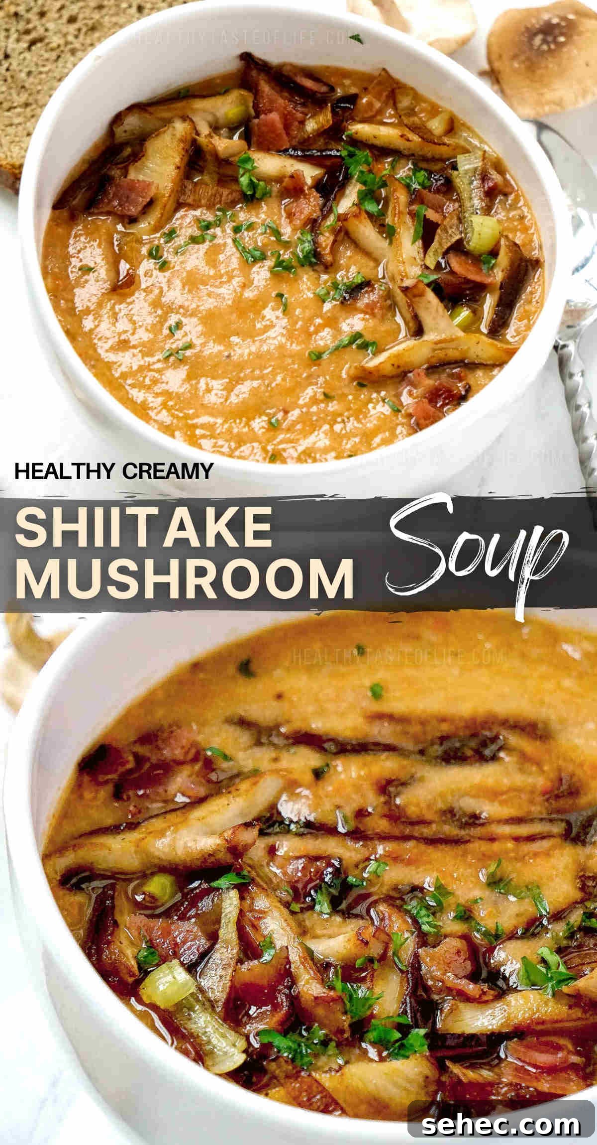 Healthy creamy shiitake mushroom soup recipe, dairy free no cream required.