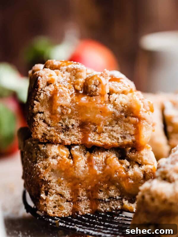 A stack of two slices of apple crumb cake drizzled with caramel, on a wire rack.
