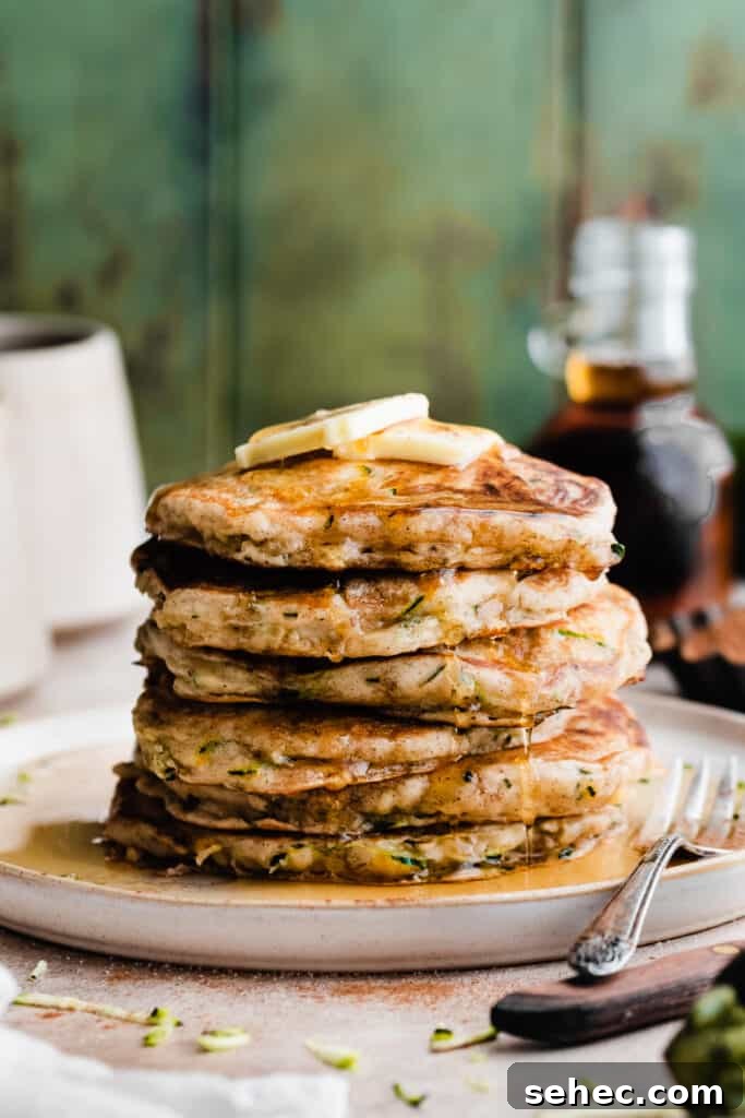 Fluffy Zucchini Bread Pancakes Recipe 8 A stack of zucchini pancakes dripping with maple syrup.