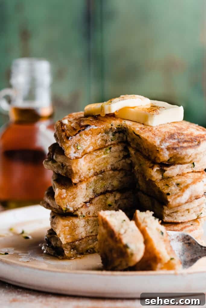 Fluffy Zucchini Bread Pancakes Recipe 9 A close-up of sliced open stack of pancakes, with butter and syrup on top.