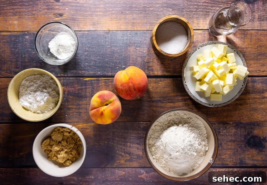 peach hand pie ingredients, peaches, sugar, flour, butter, cornstarch, and water