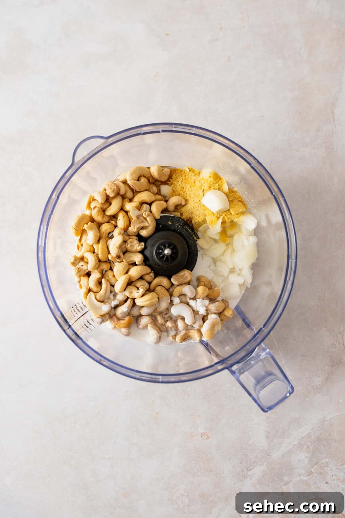 A blender with cashews, garlic, milk and nutritional yeast in it.